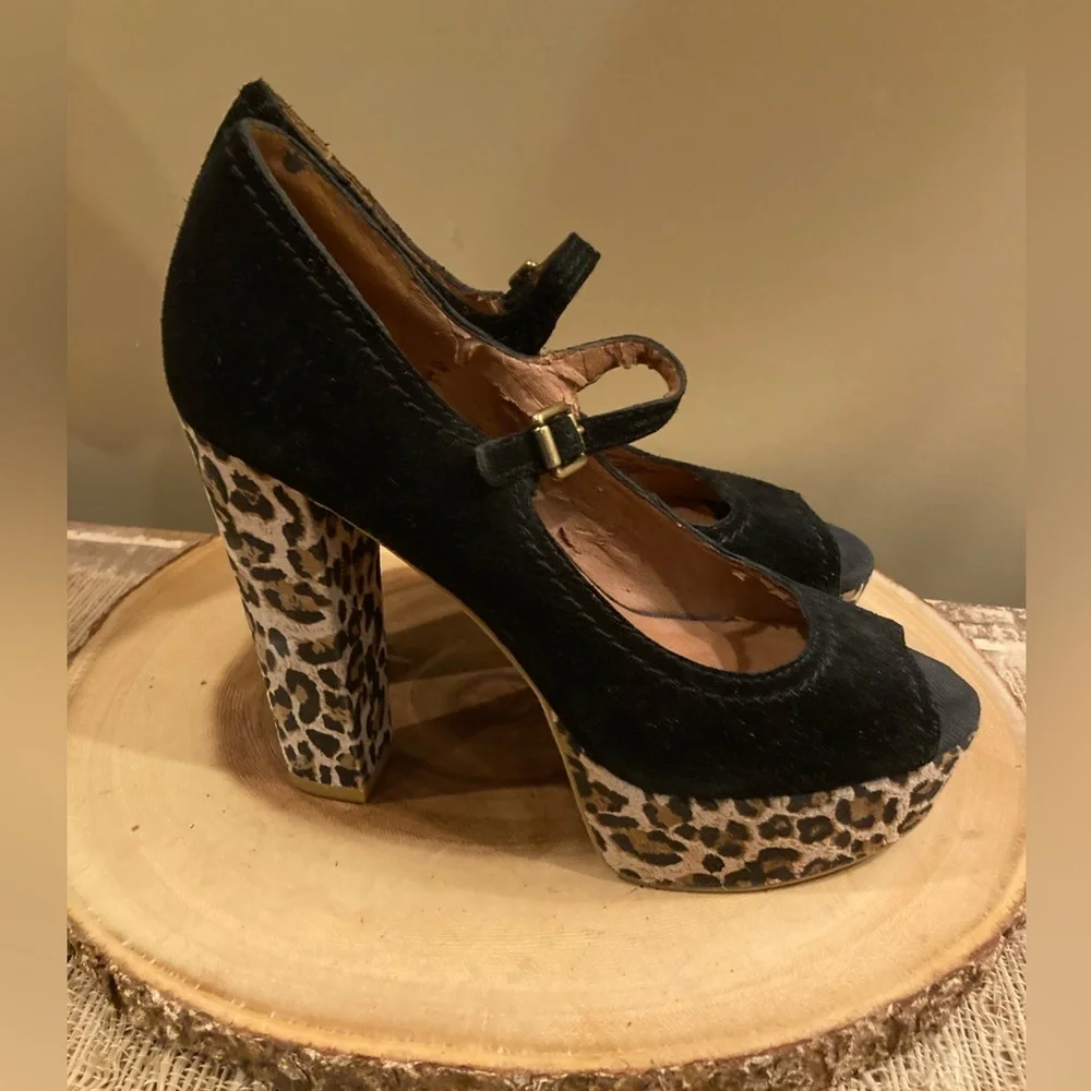 Lucky Brand Neece Womens 8M Black Peep Toe Suede Platform‎ Hi Heels Leopa…